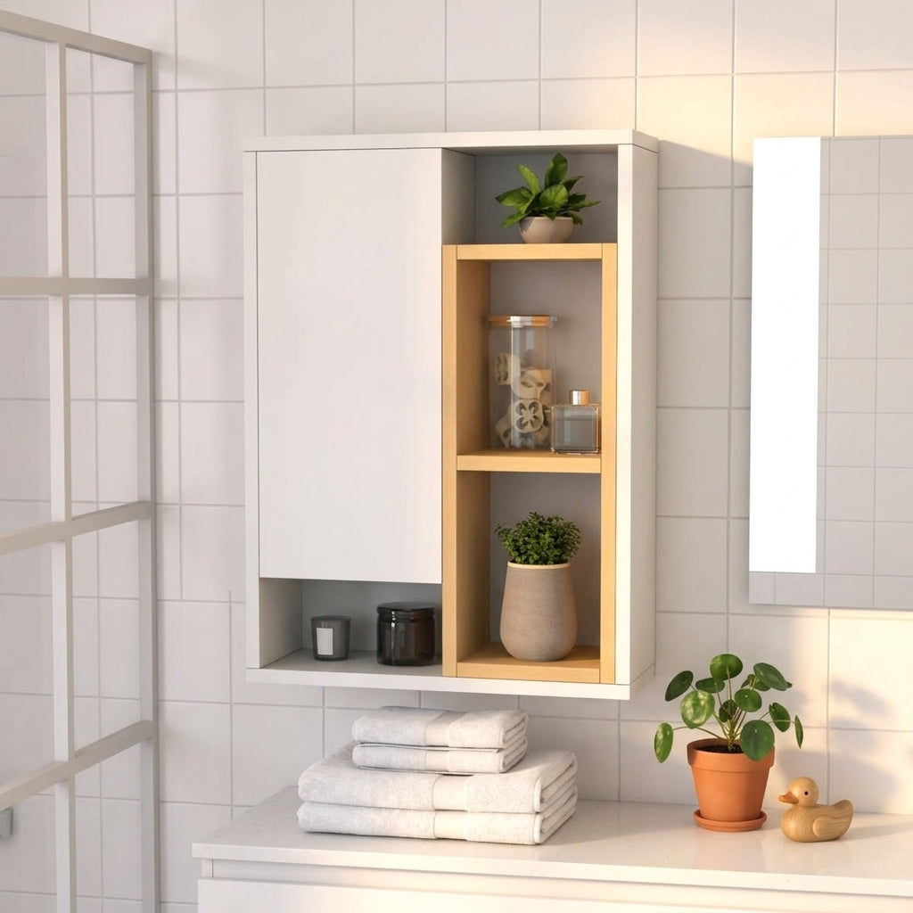 Meuble Mural de Salle de Bain Blanc et Bois Clair