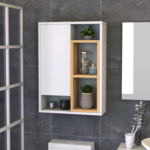 Meuble Mural de Salle de Bain Blanc et Bois Clair