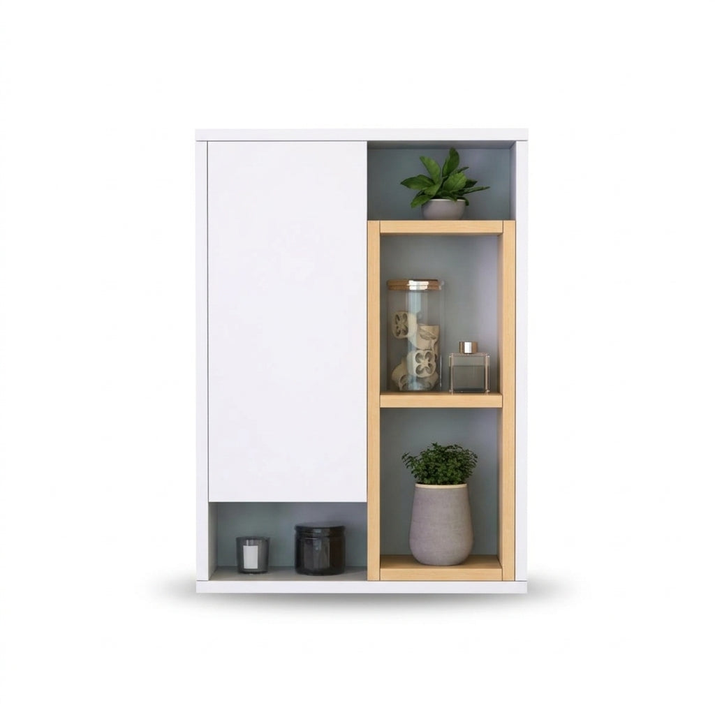 Meuble Mural de Salle de Bain Blanc et Bois Clair